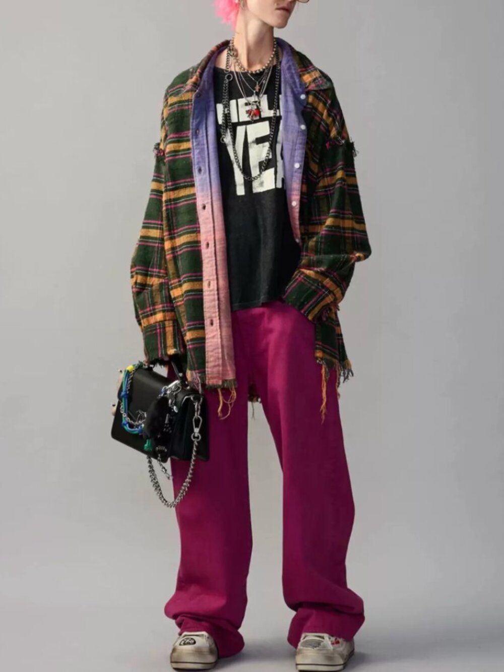 NWT R13 Reversible Shredded Seam Drop Neck Shirt - Purple Multi/Green Multi